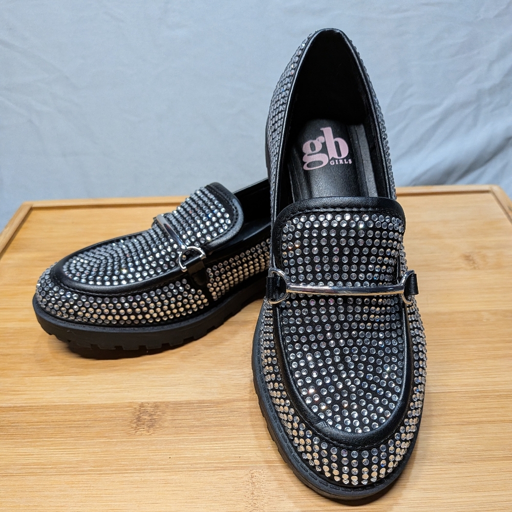 Gianni Bini Black and Rhinestone Embellished Chunky Heel Loafer. Girls Size 2M.